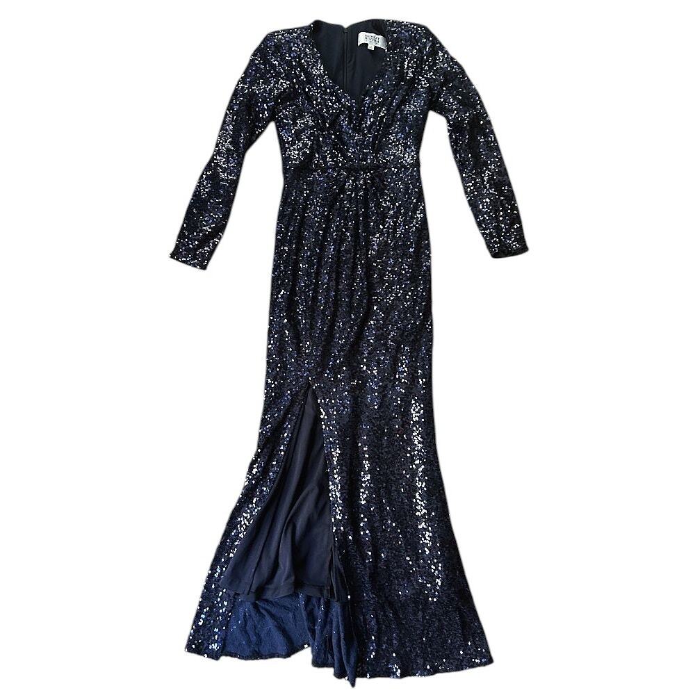 Badgley Mischka Split Leg Long-Sleeve Blue Sequined Dress 0